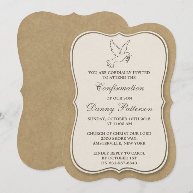 Invitation Rustique Kraft Dove Sainte Communion Ou Confirmati (Devant / Derrière)