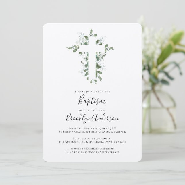 Invitation Rustique Kraft Eucalyptus Cross Baptism (Debout devant)
