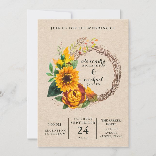 Invitation Rustique Kraft Look avec Mariage de couronne de to (Devant)