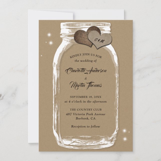 Invitation Rustique Kraft Papier Burlap Coeurs Mason Jar Mari (Devant)