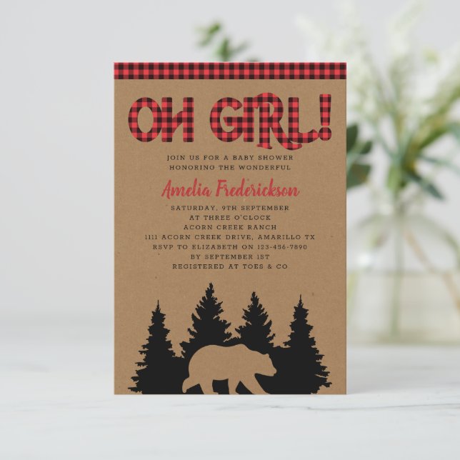 Invitation Rustique Kraft Plaid Oh Baby shower fille (Debout devant)