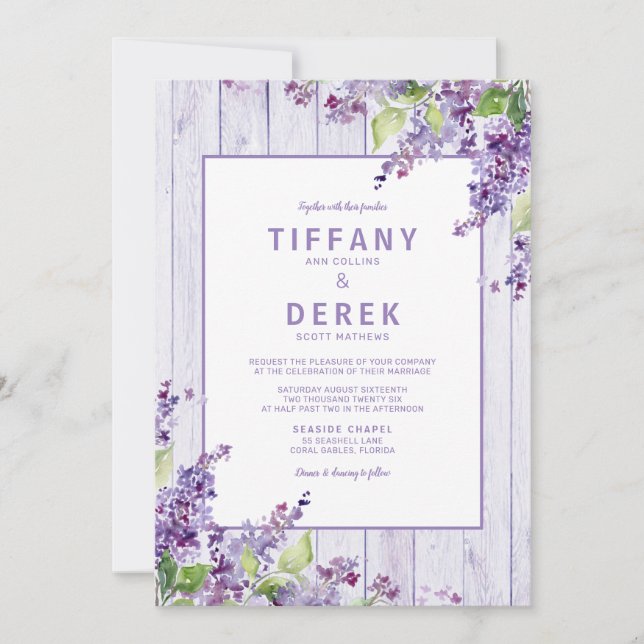 Invitation Rustique Lilac Floral Aquarelle violet Mariage (Devant)