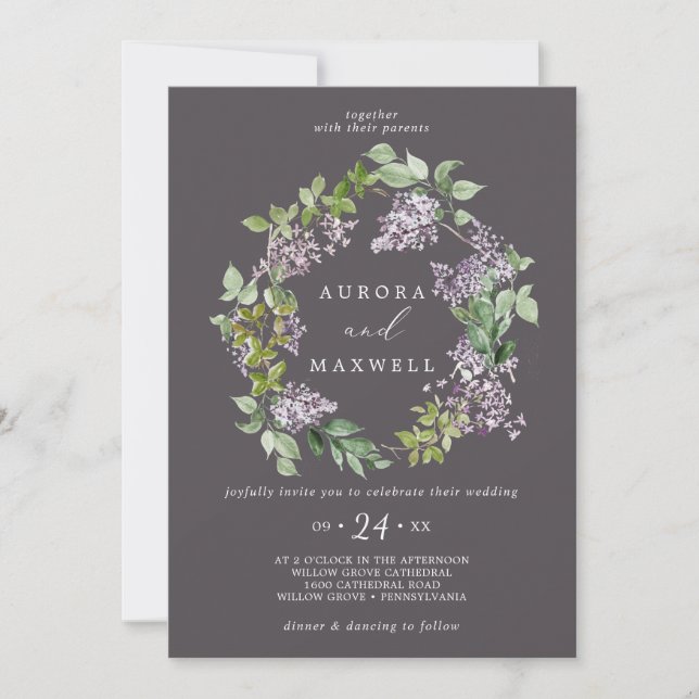 Invitation Rustique Lilac | Mariage de couronne gris (Devant)