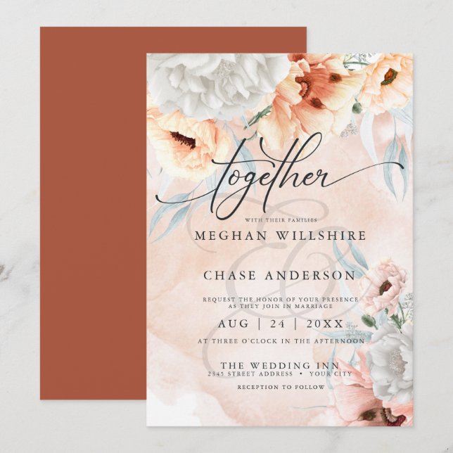 Invitation Rustique Mariage d'aquarelle Florale en terre cuit (Devant / Derrière)