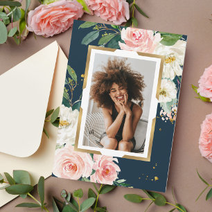 Invitation Rustique Marine bleu & Blush rose Floral Gold Fram