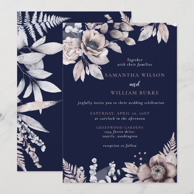 Invitation Rustique Marine Mauve Floral Mariage Botanique (Devant / Derrière)