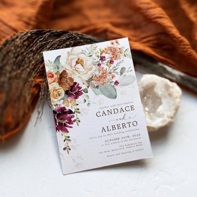 Invitation Rustique Maroon rouille Orange Botanique Floral Ma (Créateur téléchargé)