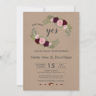 Invitation Rustique Marsala Floral Artisanat Partie d'engagem