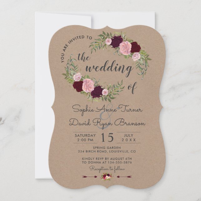Invitation Rustique Marsala Floral Mariage de papier d'artisa (Devant)