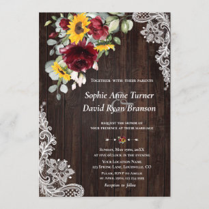 Invitation Rustique Marsala Floral Sunflowers Mariage dentell