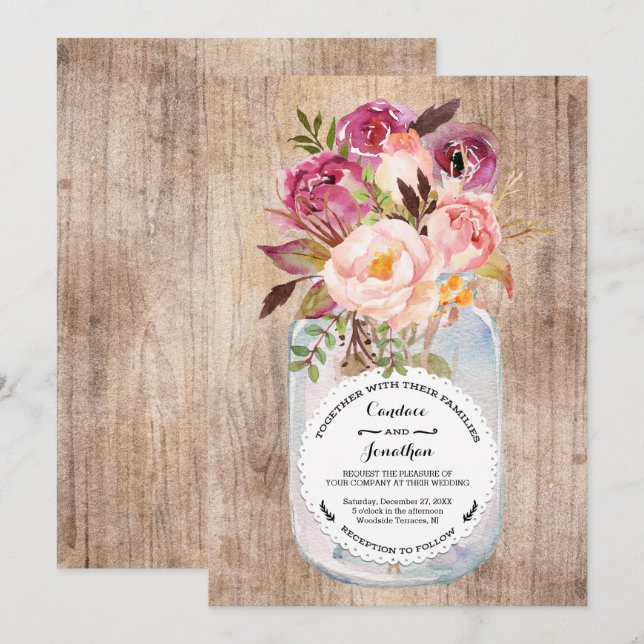 Invitation Rustique Mason Jar Aquarelle Fleurs Mariage de boi (Devant / Derrière)