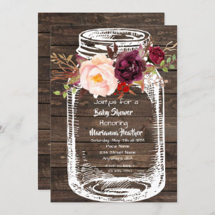 Invitation Rustique Mason Jar Boho Floral Marsala Baby shower