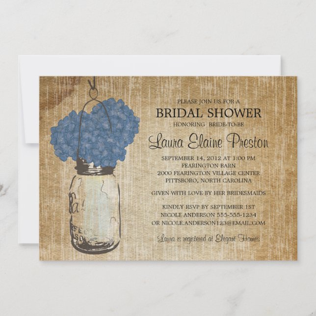 Invitation Rustique Mason Jar et Hydrangeas (Devant)