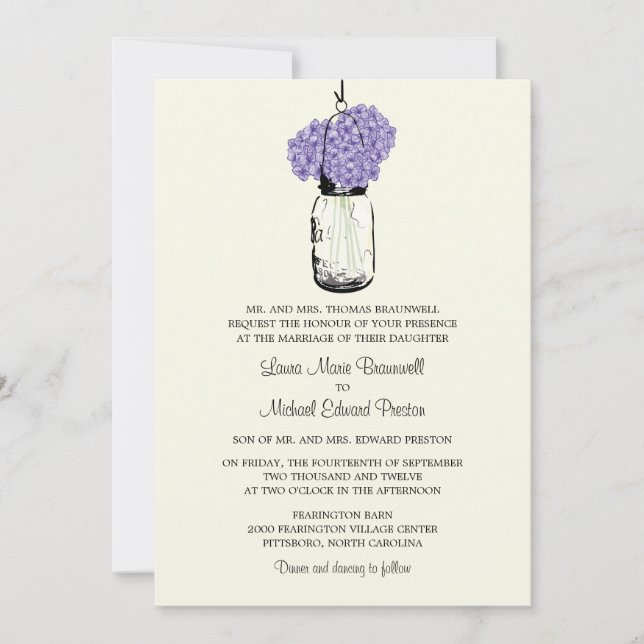 Invitation Rustique Mason Jar et Mariage Hydrangeas (Devant)