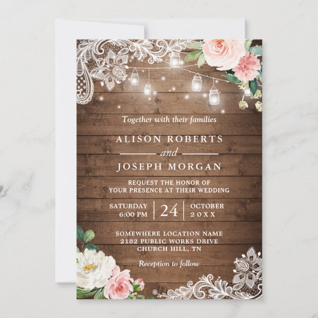 Invitation Rustique Mason Jar illumine le Mariage de dentelle (Devant)