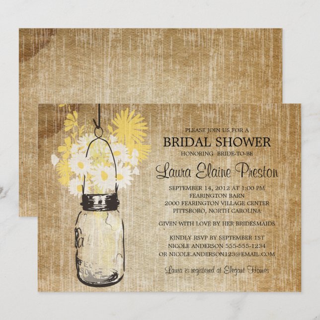 Invitation Rustique Mason Jar Jaune Fête des mariées florale (Devant / Derrière)