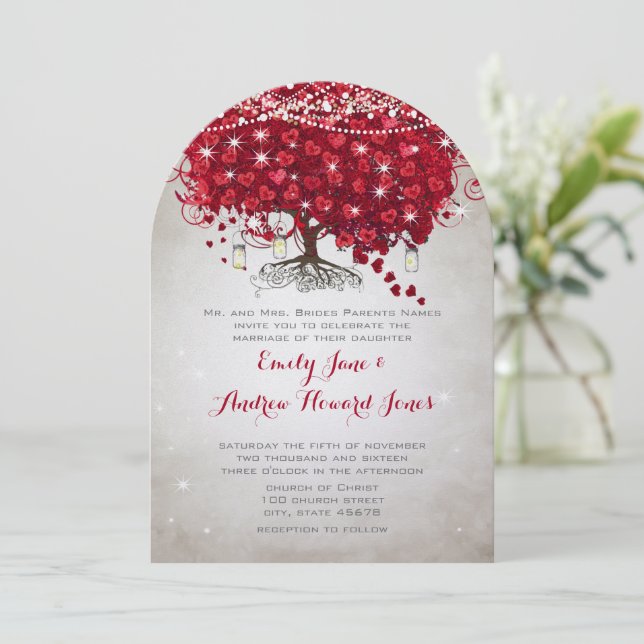 Invitation Rustique Mason Jar Red Tree Brown Mariage de tronc (Debout devant)