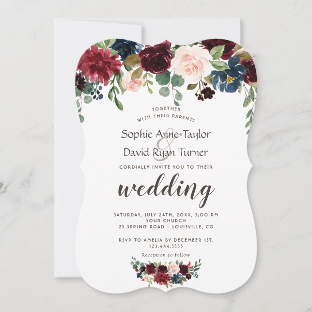 Invitation Rustique Merlot Navy Blue Floral Mariage (Devant)