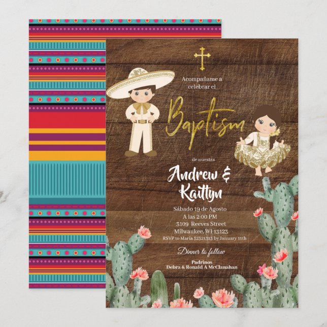 Invitation Rustique Mexicaine Gold Charro Garçon fille Twin B (Devant / Derrière)