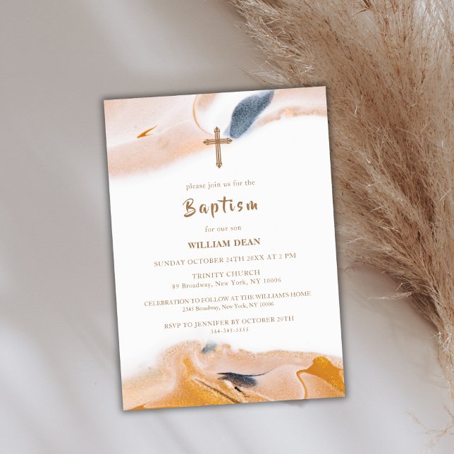 Invitation Rustique moderne Abstraite aquarelle Croix Baptême (Rustic Modern Abstract Watercolor Cross Baptism Invitation)