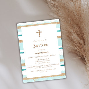 Invitation Rustique moderne Gold Stripe Cross Boy Baptême gar
