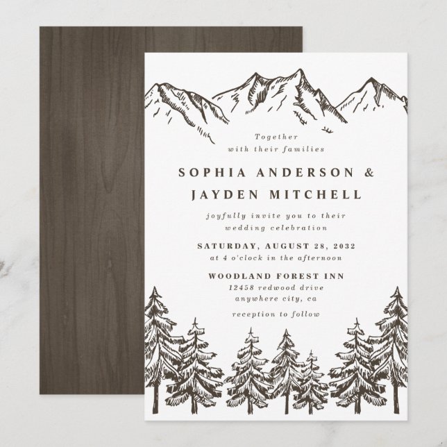 Invitation Rustique Mountain Elegant Mariage d'aquarelle pin (Devant / Derrière)