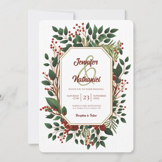 Invitation Rustique Noël Foliage Bois Mariage festif (Devant)