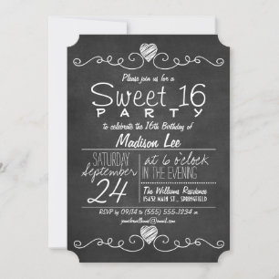 Invitation Rustique noir & blanc Chalkboard Sweet 16 Party