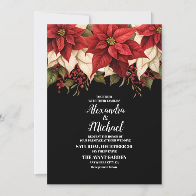 Invitation Rustique Noir Poinsettia Floral Mariage de Noël (Devant)
