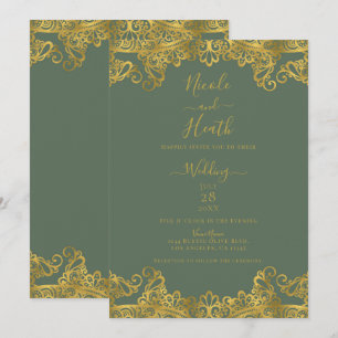 Invitation Rustique Olive & Or dentelle élégant mariage