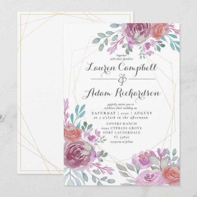 Invitation Rustique or géométrique Bourgogne floral (Devant / Derrière)