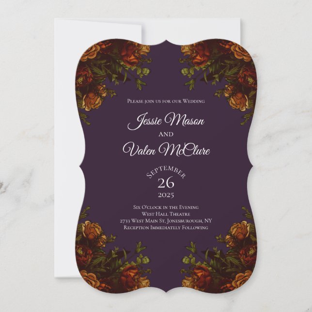 Invitation Rustique Orange Purple Automne Élégant Mariage (Devant)