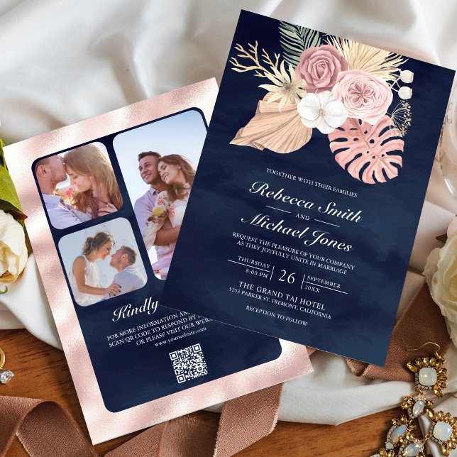 Invitation Rustique Palm Dusty rose Roses Marine QR Code Mari (Créateur téléchargé)