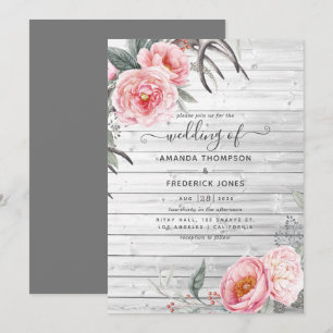 Invitation Rustique Pastel rose et gris Boho Mariage Floral