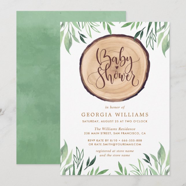 Invitation Rustique Pays Bois Aquarelle Baby shower Floral (Devant / Derrière)
