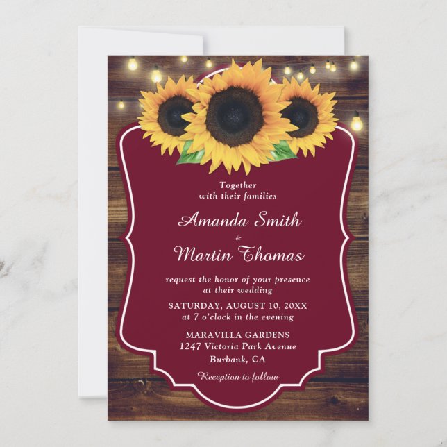 Invitation Rustique Pays Bois Bourgogne Mariage de tournesol (Devant)