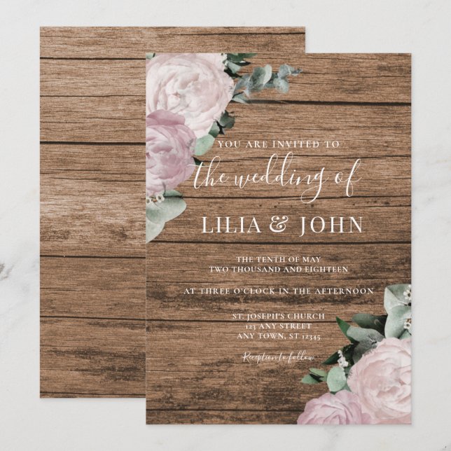 Invitation Rustique Pays Bois Floral Blush Mariage Rose (Devant / Derrière)