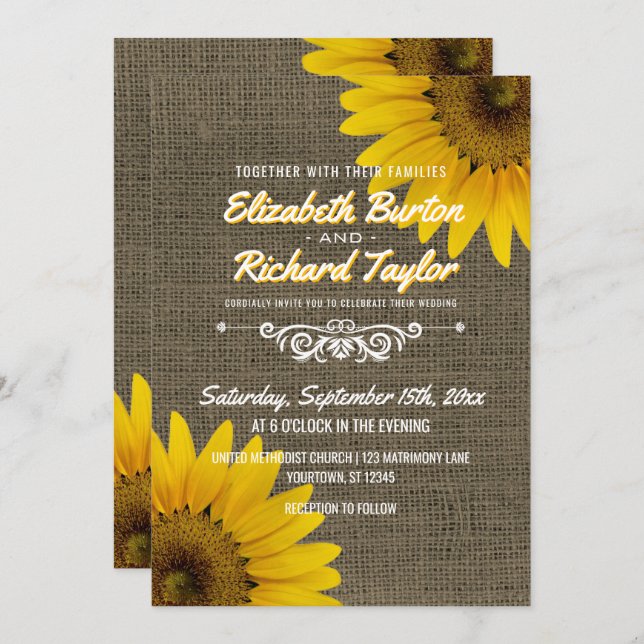 Invitation Rustique Pays Burlap Sunflowers Mariage (Devant / Derrière)
