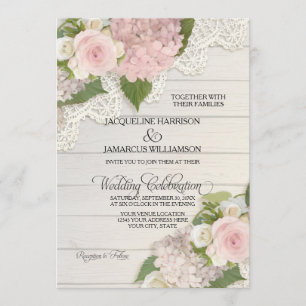Invitation Rustique Pays dentelle bois n rose Hydrangeas Mari