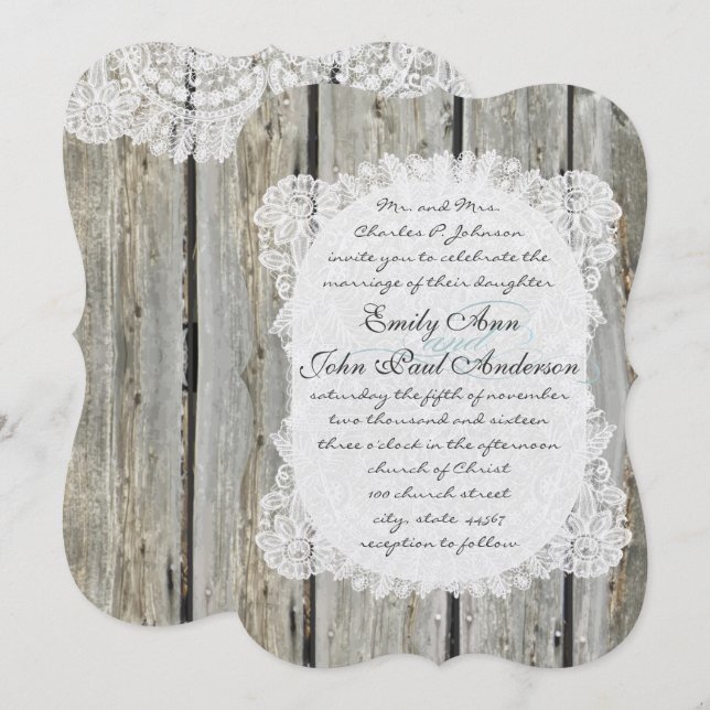 Invitation Rustique Pays Dentelle Grange Bois Mariage Invitat (Devant / Derrière)