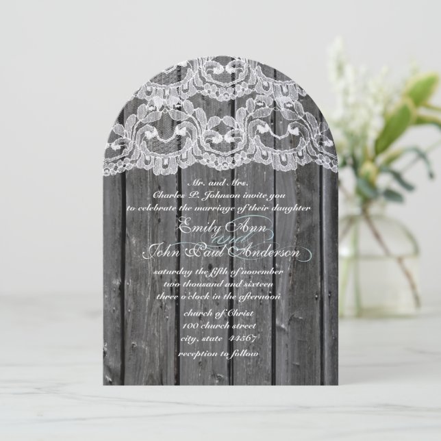 Invitation Rustique Pays Dentelle Grange Bois Mariage Invitat (Debout devant)