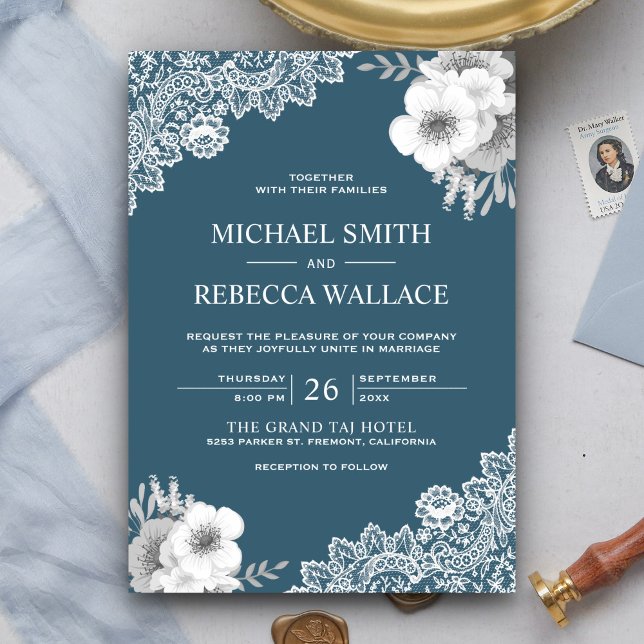 Invitation Rustique Pays Dusty Blue Floral Mariage dentelle (Créateur téléchargé)