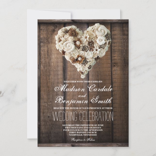 Invitation Rustique Pays Fleur Bois Coeur Mariage Invite (Devant)