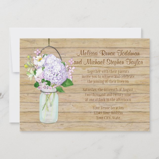 Invitation Rustique Pays Mason Jar Lavender Floral Hydrangea (Devant)