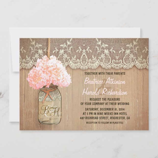 Invitation rustique pays mason jar rose hydrangea mariage (Devant)