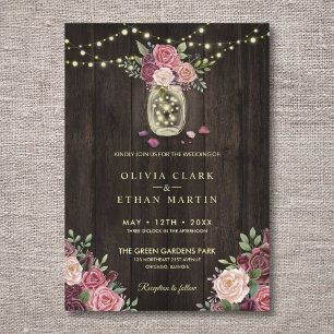 Invitation Rustique Pays rose Floral Mason jarres Bois foncé
