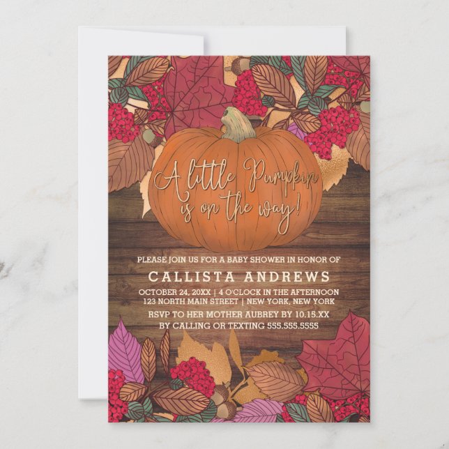 Invitation Rustique Pays Rouge Brown Feuilles de automne Baby (Devant)