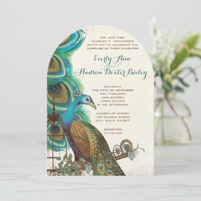 Invitation Rustique Peacock Birdcage mariage de plume invite (Debout devant)