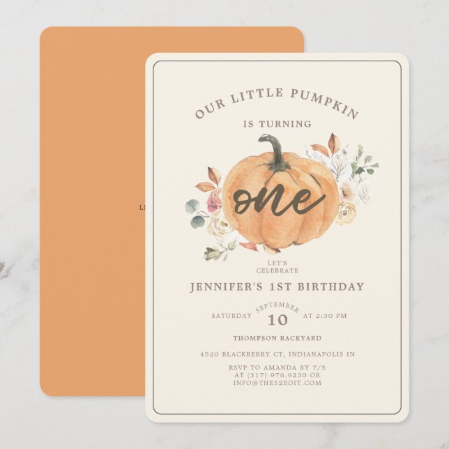 Invitation Rustique Petit Citrouille Floral Premier Anniversa (Devant / Derrière)