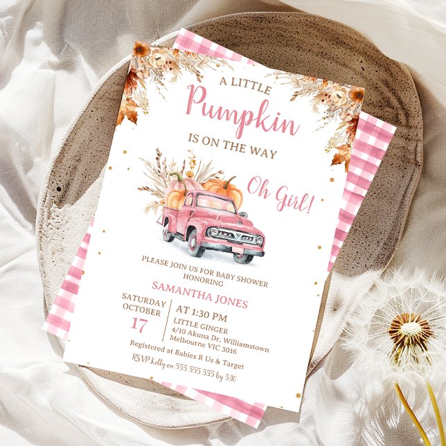 Invitation Rustique Pink Truck Petit Baby shower Citrouille (Editable Pink Pumpkin Truck Baby Shower Invitation Girl, Fall Little Pumpkin Baby Shower Invite,  )